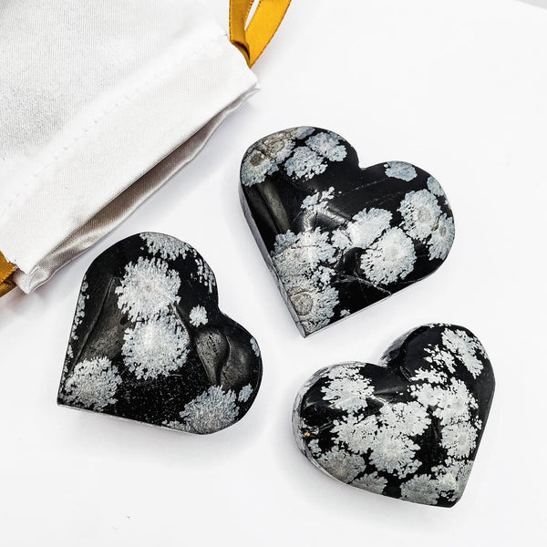 Snowflakes Obsidian Heart Shape Palm Stones