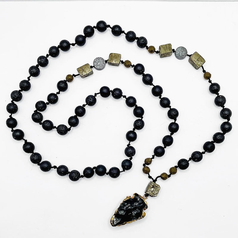 Lava Stone, Pyrite, Hematite and Obsidian Necklace