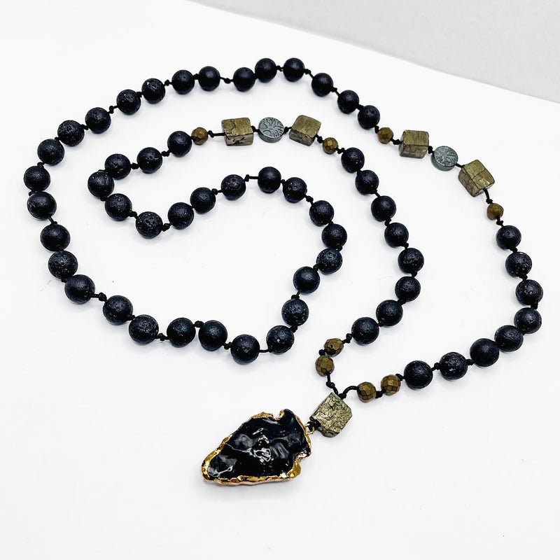 Lava Stone, Pyrite, Hematite and Obsidian Necklace