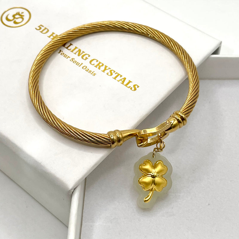 24k gold in jade clover charm in stainless steel bracelet