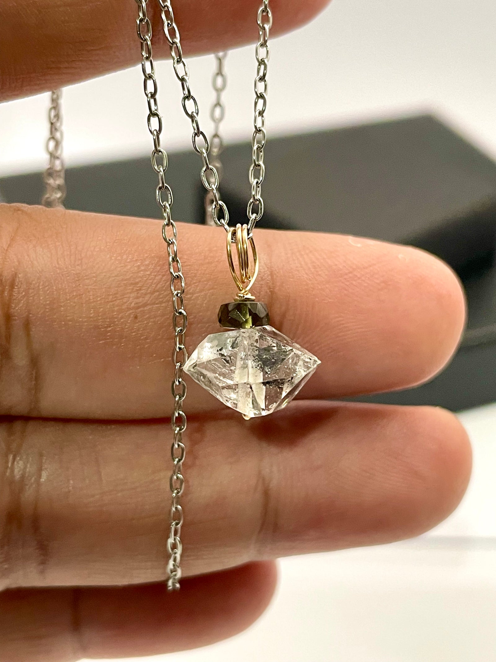 Moldavite outlet and herkimer diamond pendant