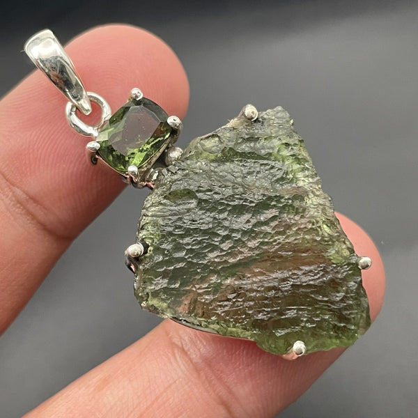 Moldavite Faceted and Rough Pendant Silver Setting 05
