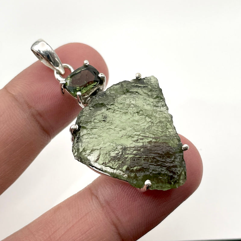 Moldavite Faceted and Rough Pendant Silver Setting 05