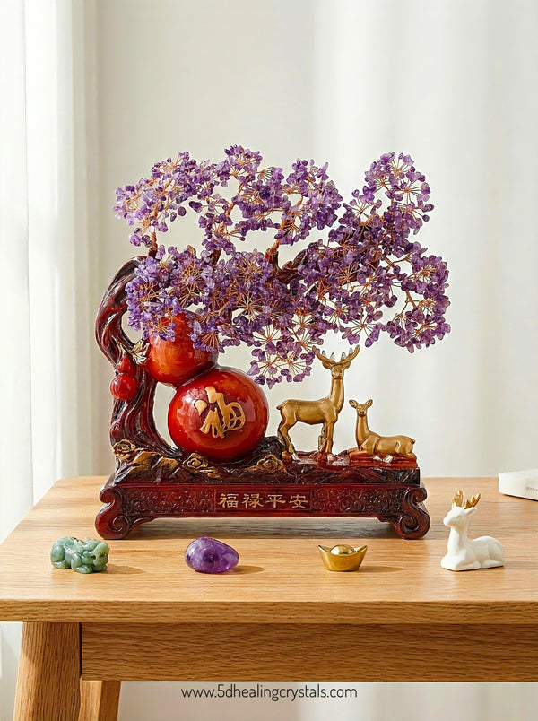 Wu Lou Amethyst Money Tree with Auspicious Deer