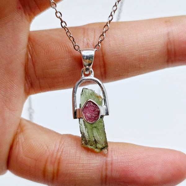 Pink Tourmaline x Moldavite Pendant