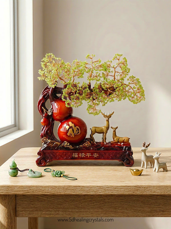 Wu Lou Peridot Money Tree with Auspicious Deer