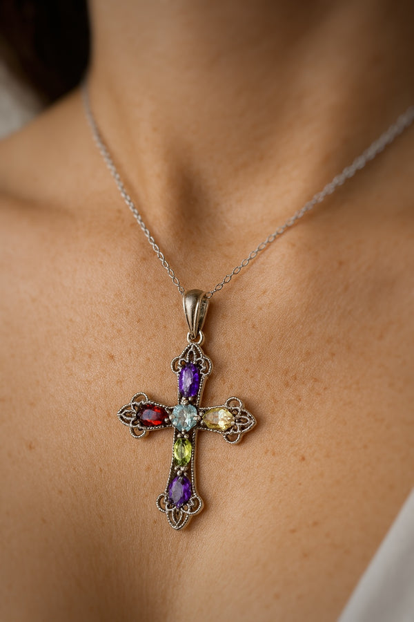 Multi-Gemstone Cross Pendant