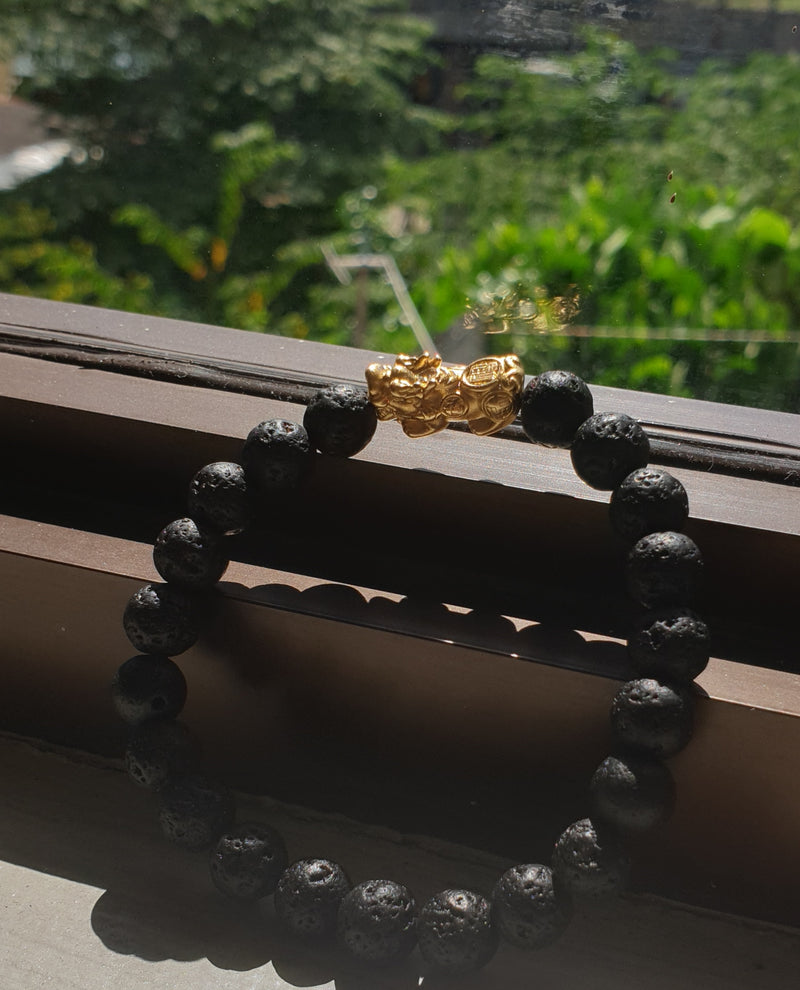 Lava stone with gold plated silver piyao 8mm