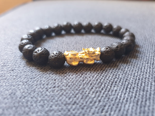 Lava stone with gold plated silver piyao 8mm
