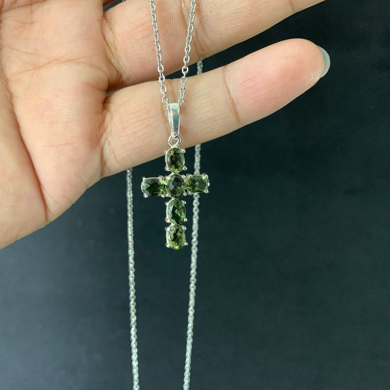 Moldavite faceted cross pendant