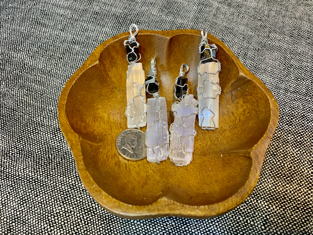 Selenite and black tourmaline on sale pendant