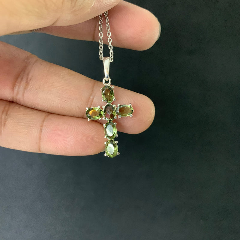 Moldavite faceted cross pendant