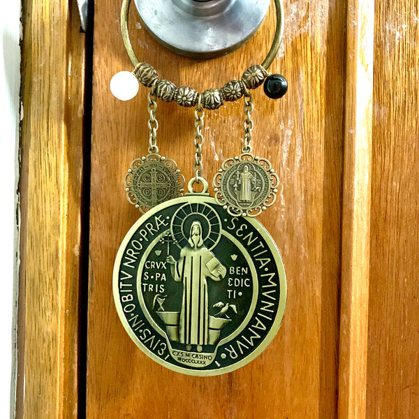 Saint Benedict door hanger with black tourmaline and selenite